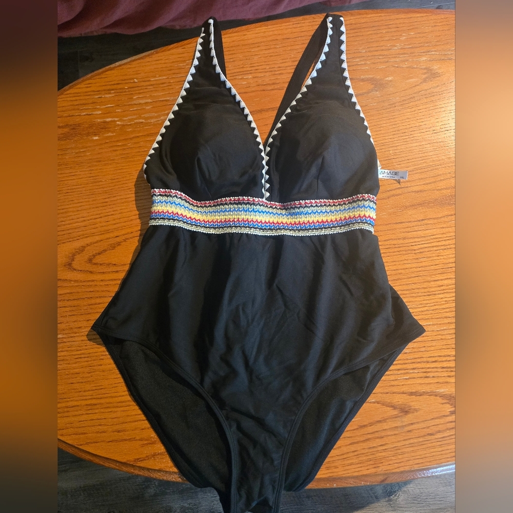 Black One Piece Swimsuit with Multicolor Trim